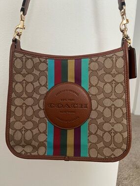 Coach Brown Signature Canvas Shoulder Bag with Teal, Burgundy & Gold Stripes